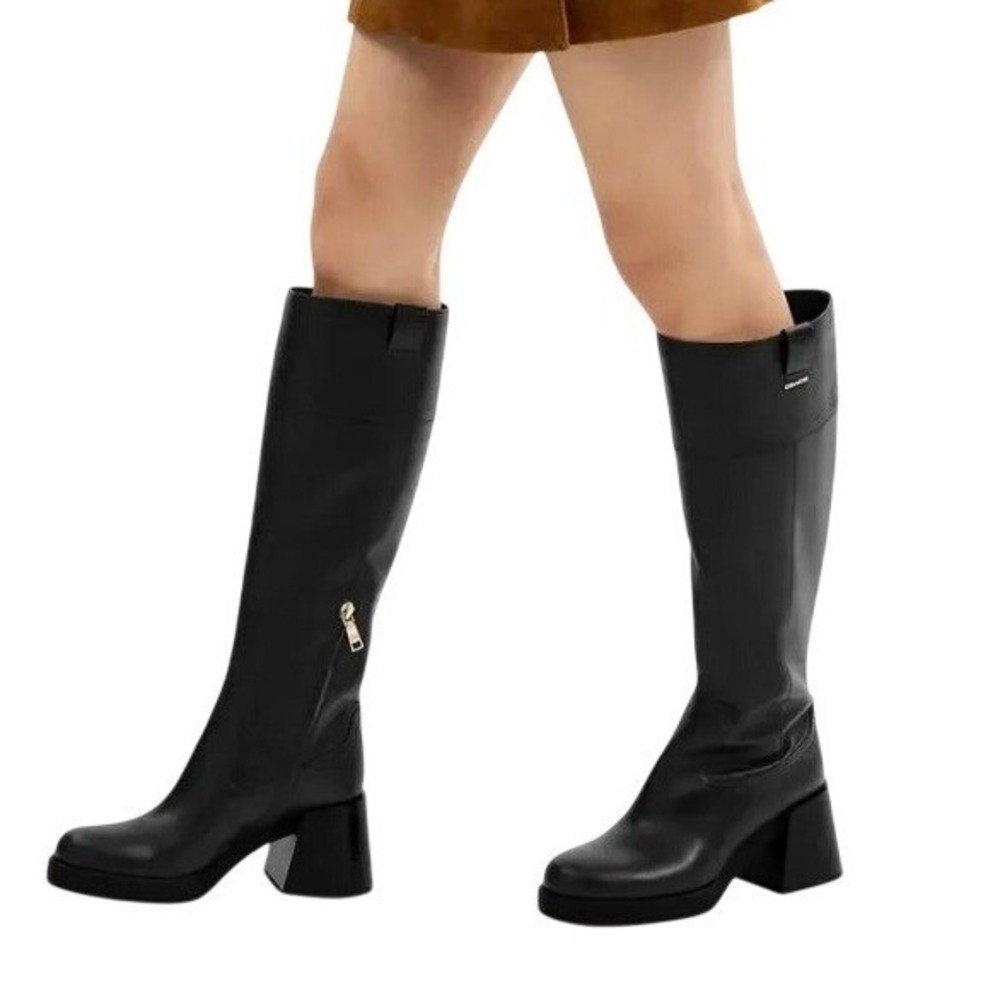 Coach Black Leather Knee High Block Heel Platform Boots Women Size 10